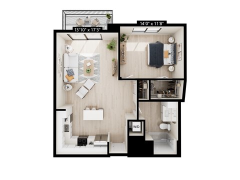Floor plan for 1 bed, 1 bath, 852 sqft